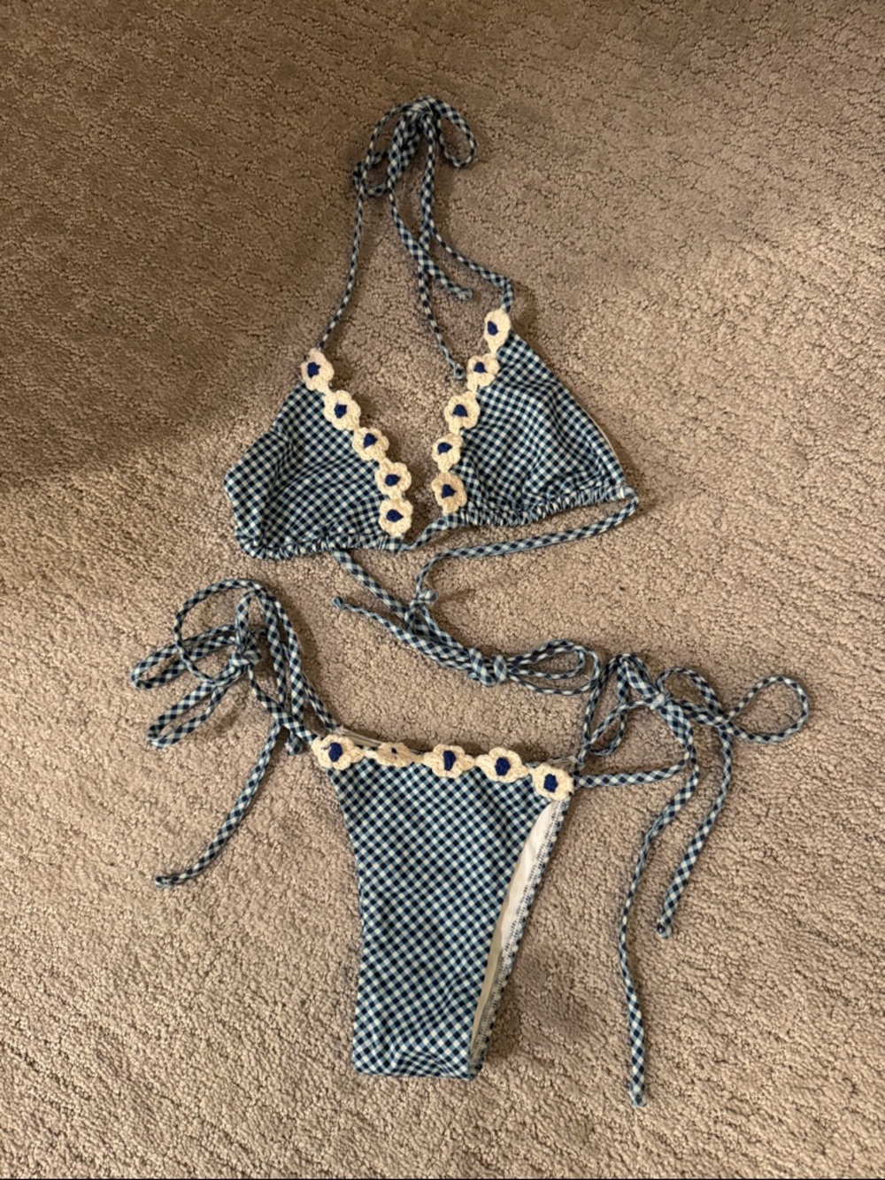 Frankie’s Bikinis Gingham Crochet Trim Tie Bikini - Blue & White